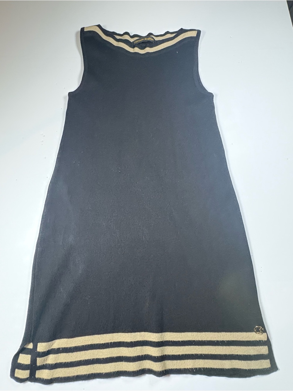 Sleeveless Black Knit Casual Dress with Cream Stripe Trim